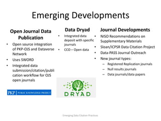 Emerging Developments
Emerging Data Citation Practices
Open Journal Data
Publication
• Open source integration
of PKP-OJS and Dataverse
Network
• Uses SWORD
• Integrated data
submission/citation/publi
cation workflow for OJS
open journals
Journal Developments
• NISO Recommendations on
Supplementary Materials
• Sloan/ICPSR Data Citation Project
• Data-PASS Journal Outreach
• New journal types:
– Registered Replication journals
– Null results journals
– Data journals/data papers
Data Dryad
• Integrated data
deposit with specific
journals
• CCO – Open data
 