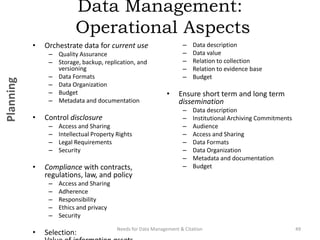 Data Management:
Operational Aspects
• Orchestrate data for current use
– Quality Assurance
– Storage, backup, replication, and
versioning
– Data Formats
– Data Organization
– Budget
– Metadata and documentation
• Control disclosure
– Access and Sharing
– Intellectual Property Rights
– Legal Requirements
– Security
• Compliance with contracts,
regulations, law, and policy
– Access and Sharing
– Adherence
– Responsibility
– Ethics and privacy
– Security
• Selection:
– Data description
– Data value
– Relation to collection
– Relation to evidence base
– Budget
• Ensure short term and long term
dissemination
– Data description
– Institutional Archiving Commitments
– Audience
– Access and Sharing
– Data Formats
– Data Organization
– Metadata and documentation
– Budget
Needs for Data Management & Citation 49
Planning
 
