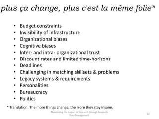 plus ça change, plus c'est la même folie*
• Budget constraints
• Invisibility of infrastructure
• Organizational biases
• Cognitive biases
• Inter- and intra- organizational trust
• Discount rates and limited time-horizons
• Deadlines
• Challenging in matching skillsets & problems
• Legacy systems & requirements
• Personalities
• Bureaucracy
• Politics
Maximizing the Impact of Research through Research
Data Management
52
* Translation: The more things change, the more they stay insane.
 