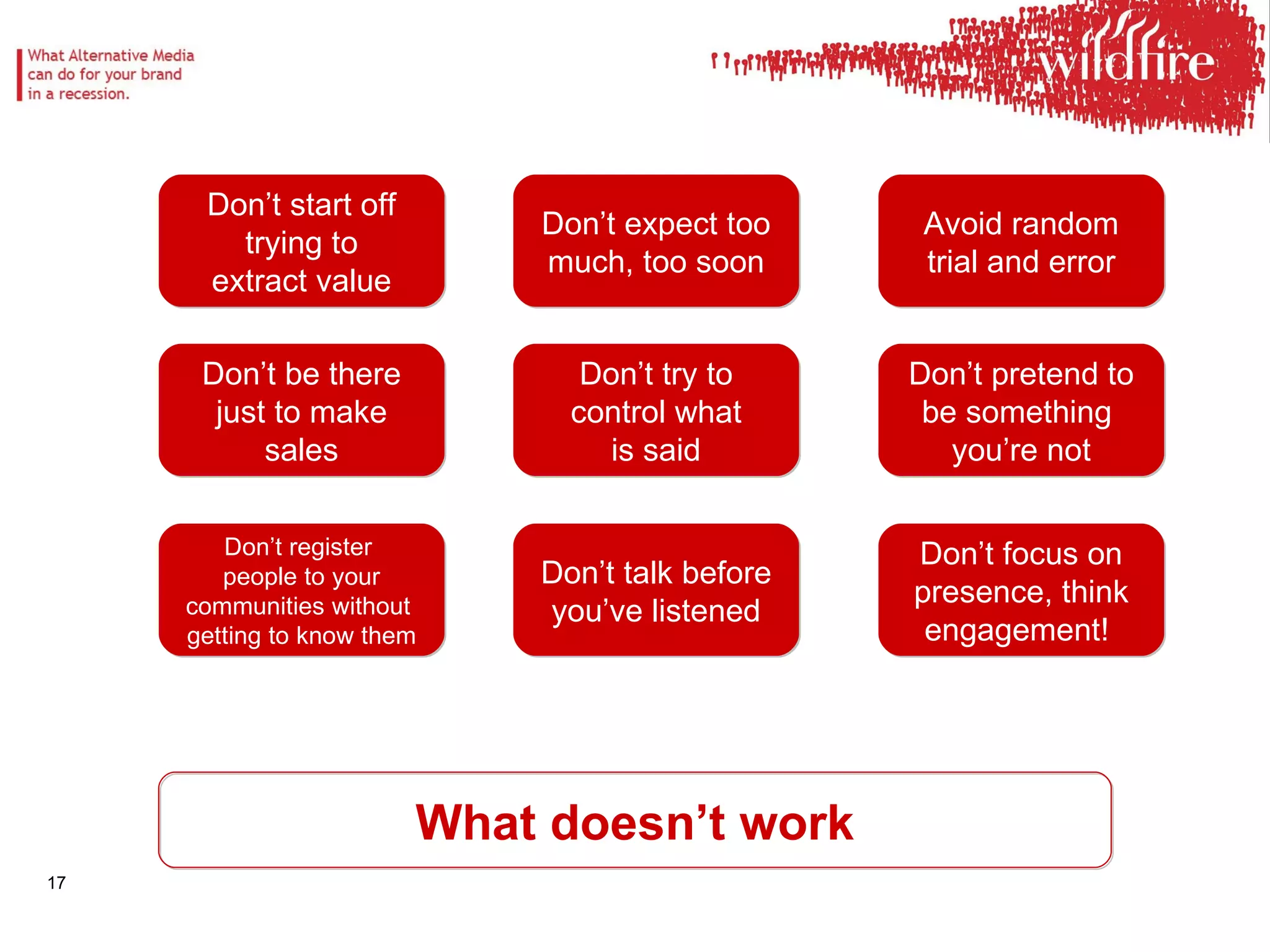 Don’t focus on presence, think engagement!  Avoid random trial and error Don’t pretend to be something  you’re not Don’t talk before you’ve listened Don’t expect too much, too soon Don’t try to control what is said What doesn’t work Don’t start off trying to extract value Don’t register  people to your communities without  getting to know them Don’t be there just to make sales 