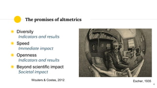 The promises of altmetrics
◉ Diversity
Indicators and results
◉ Speed
Immediate impact
◉ Openness
Indicators and results
◉...