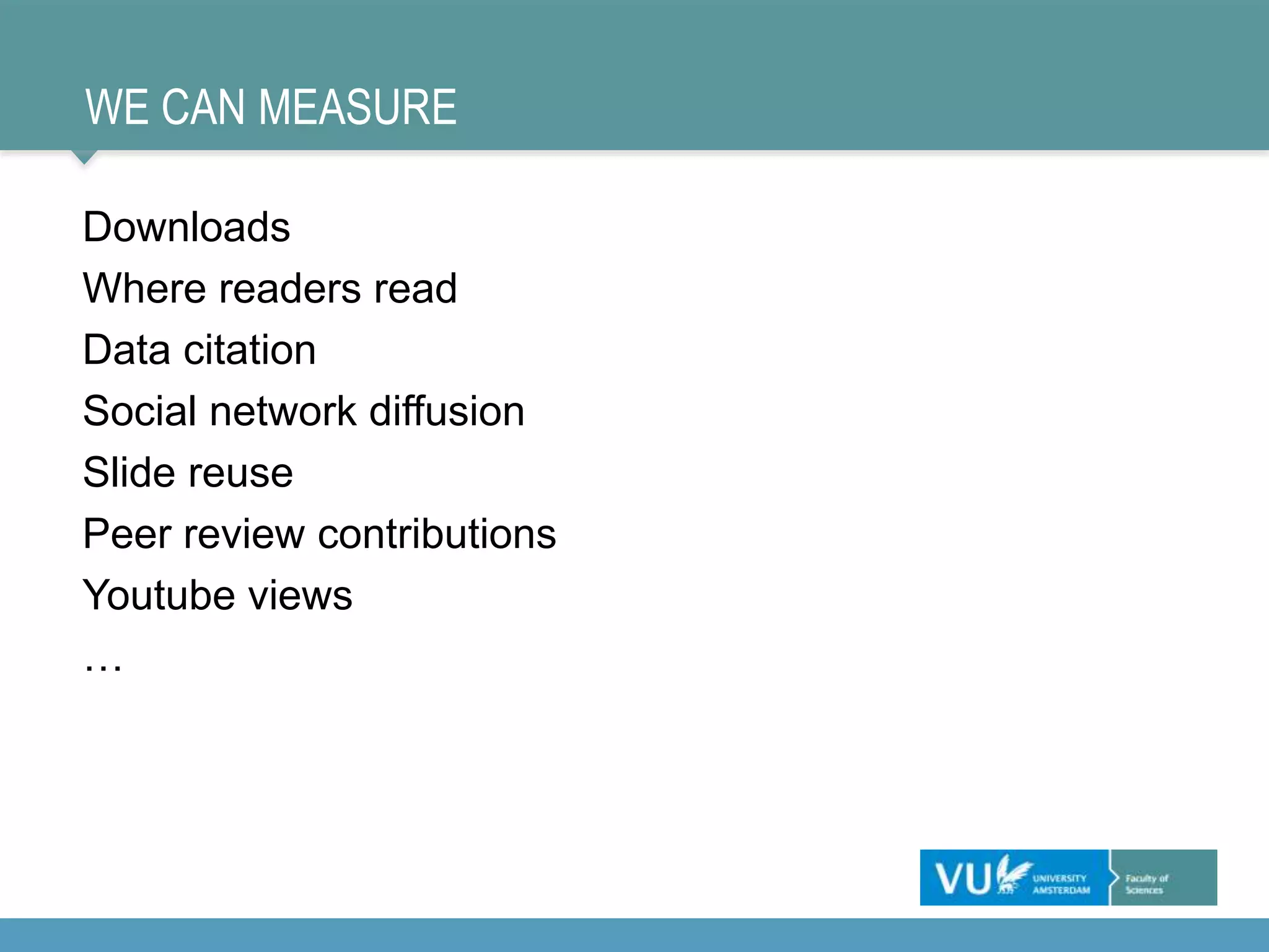 WE CAN MEASURE
Downloads
Where readers read
Data citation
Social network diffusion
Slide reuse
Peer review contributions
Youtube views
…