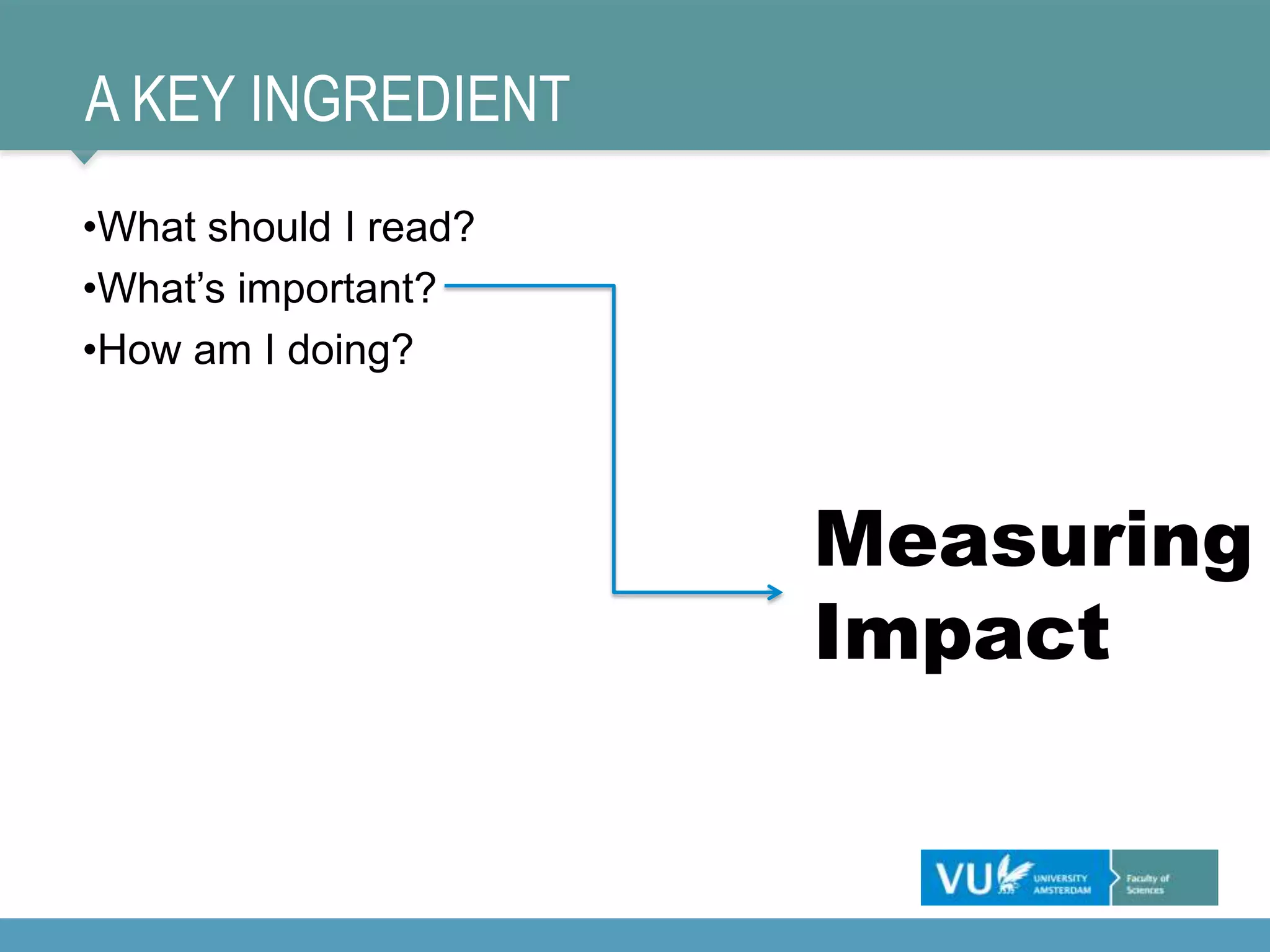 A KEY INGREDIENT
•What should I read?
•What’s important?
•How am I doing?
Measuring
Impact