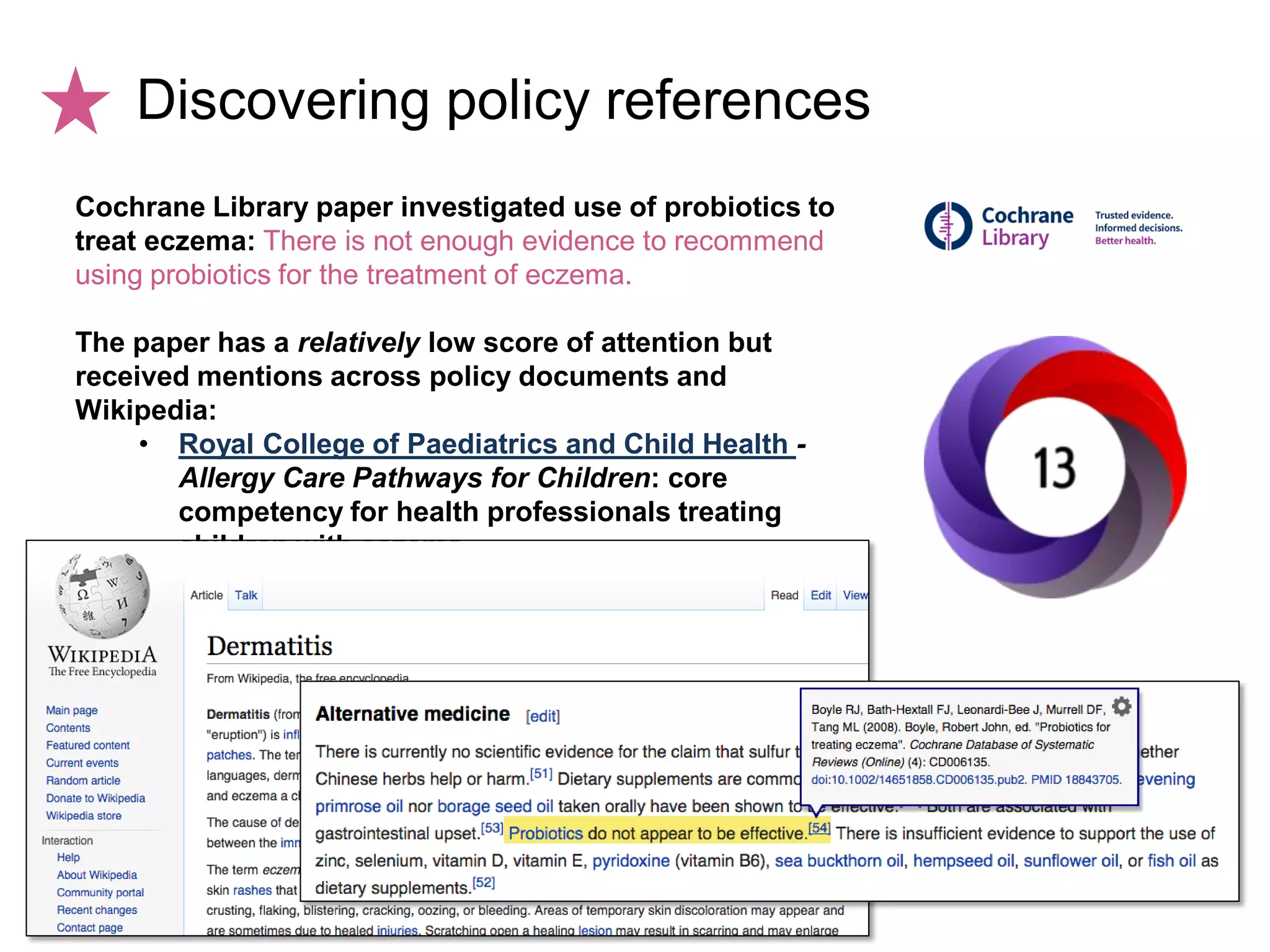 Cochrane Library paper investigated use of probiotics to
treat eczema: There is not enough evidence to recommend
using probiotics for the treatment of eczema.
The paper has a relatively low score of attention but
received mentions across policy documents and
Wikipedia:
• Royal College of Paediatrics and Child Health -
Allergy Care Pathways for Children: core
competency for health professionals treating
children with eczema
Discovering policy references
 
