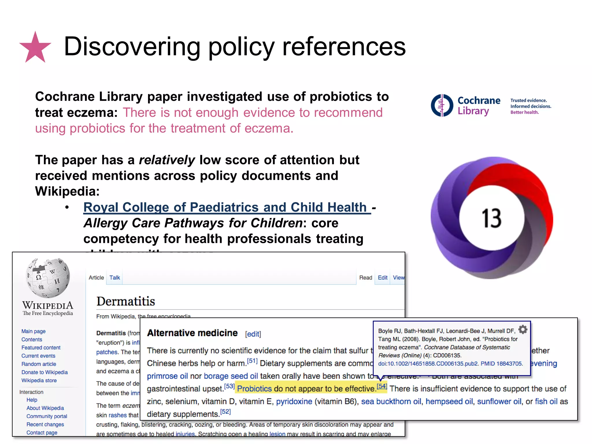 Cochrane Library paper investigated use of probiotics to
treat eczema: There is not enough evidence to recommend
using probiotics for the treatment of eczema.
The paper has a relatively low score of attention but
received mentions across policy documents and
Wikipedia:
• Royal College of Paediatrics and Child Health -
Allergy Care Pathways for Children: core
competency for health professionals treating
children with eczema
Discovering policy references
 