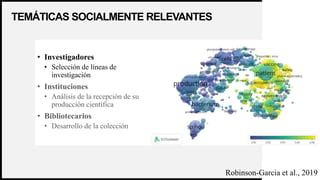 WOODGROVE
BANK
TEMÁTICAS SOCIALMENTE RELEVANTES
19
• Investigadores
• Selección de líneas de
investigación
• Instituciones
• Análisis de la recepción de su
producción científica
• Bibliotecarios
• Desarrollo de la colección
Robinson-Garcia et al., 2019
 