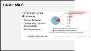 2
HACE5AÑOS…
Los inicios de las
altmétricas
• Análisis de fuentes
• Descripción y definición
de indicadores
• Muchas promesas y…
… muchas correlaciones
 
