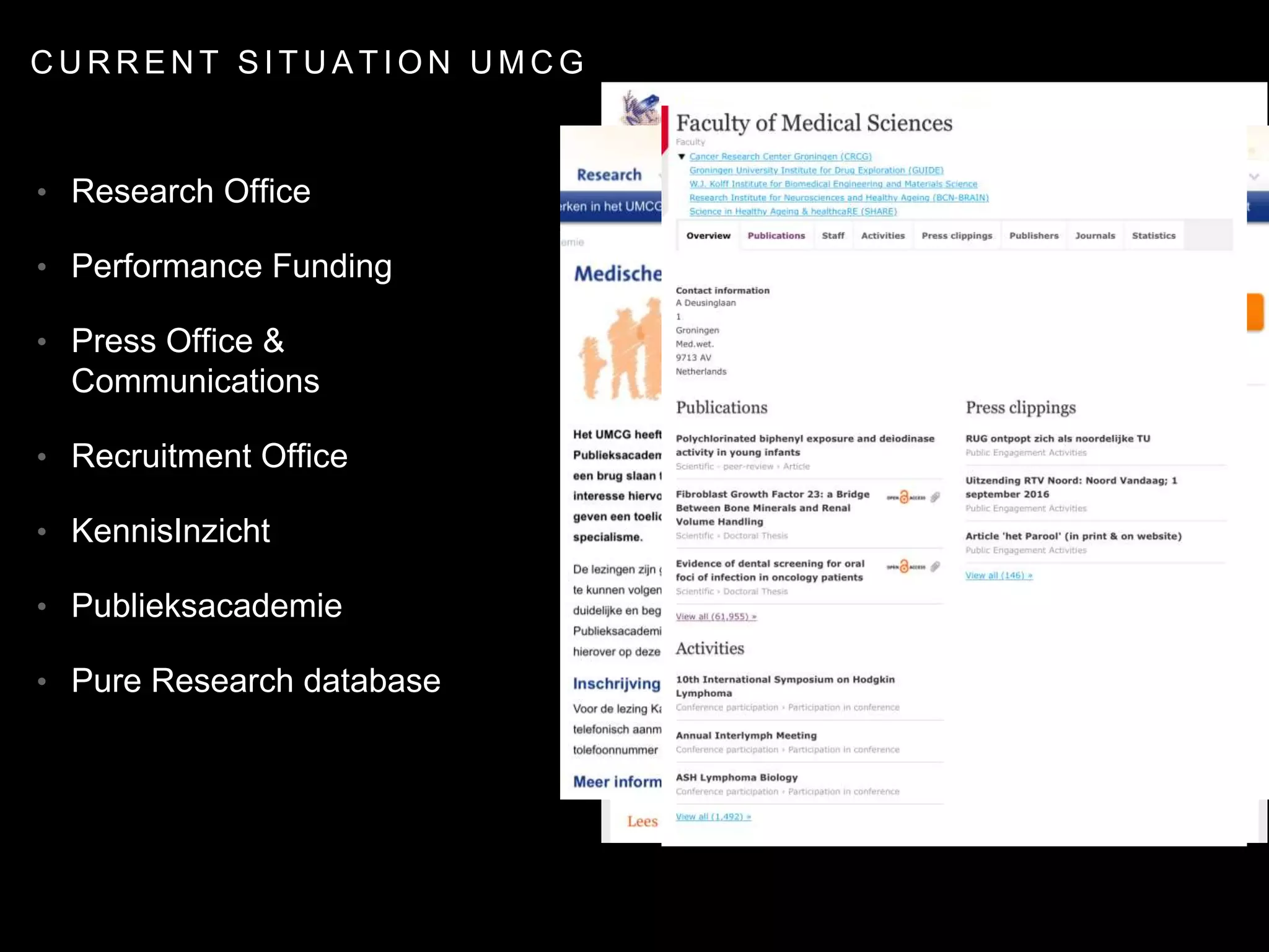 C U R R E N T S I T U A T I O N U M C G
• Research Office
• Performance Funding
• Press Office &
Communications
• Recruitment Office
• KennisInzicht
• Publieksacademie
• Pure Research database
 