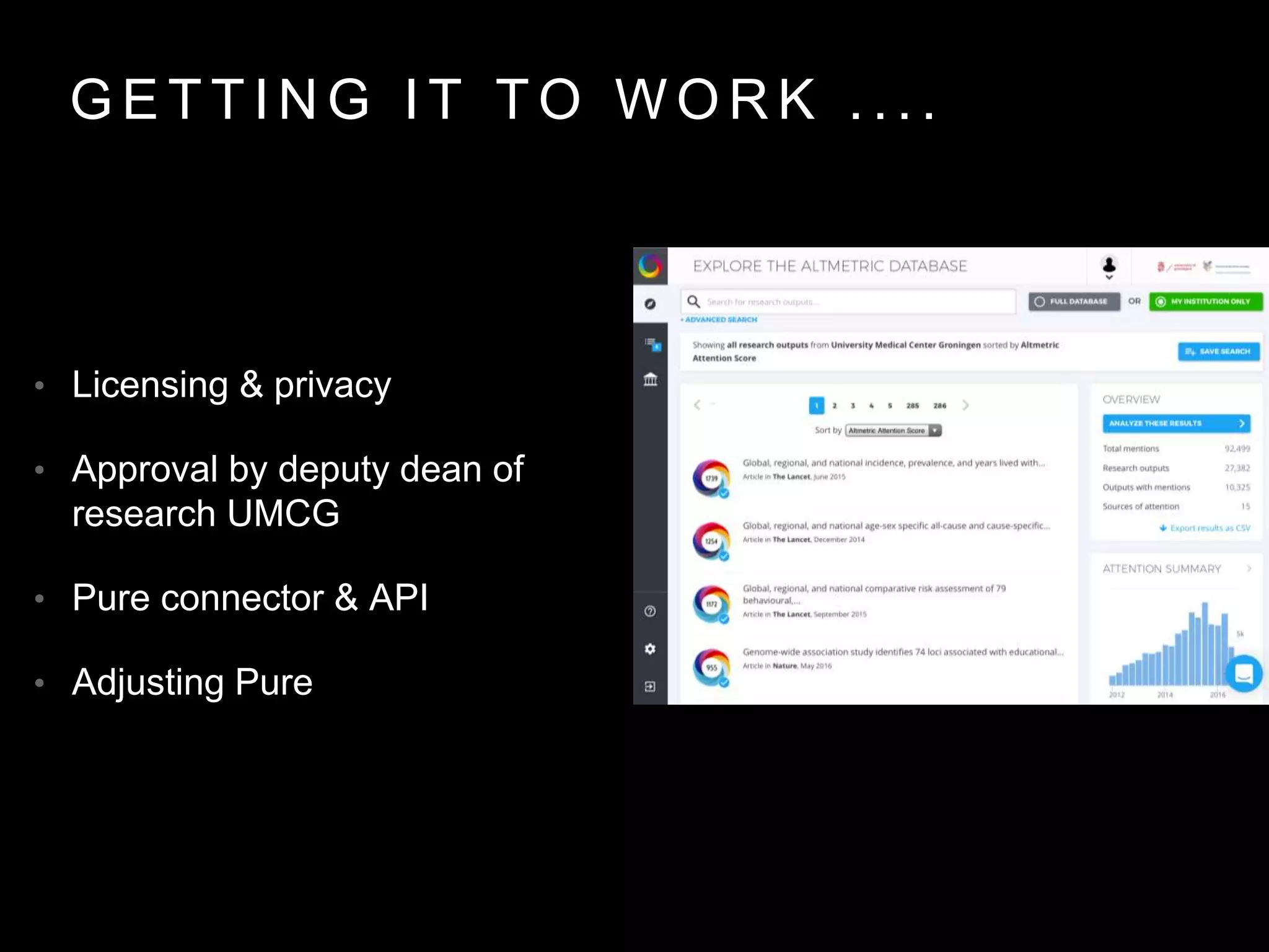 G E T T I N G I T T O W O R K . . . .
• Licensing & privacy
• Approval by deputy dean of
research UMCG
• Pure connector & API
• Adjusting Pure
 