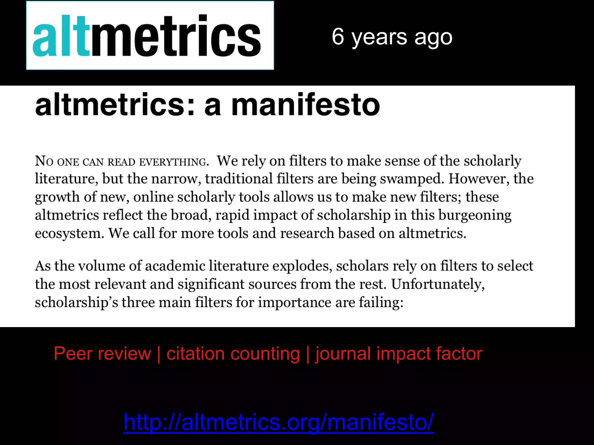 Peer review | citation counting | journal impact factor
http://altmetrics.org/manifesto/
6 years ago
 