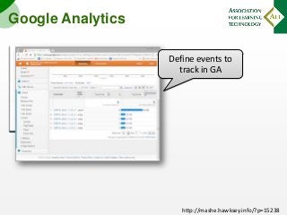 Google Analytics
Define events to
track in GA

http://mashe.hawksey.info/?p=15238

 