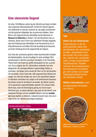 Eine steinreiche Gegend
Vor etwa 150 Millionen Jahren lag der Altmühl-Jura-Raum inmitten
einer tropischen Meereslandschaft. Schicht für Schicht lagerten
sich Sedimente im warmen Jurameer ab, die später versteinerten
und die typischen Kalkplatten des Juramarmors bildeten. Einen
Blick in die Urgeschichte des Altmühltals werfen Besucher im
Museum im Hollerhaus in Dietfurt. Von den Bewohnern des Jurameeres, denen man in Form von zahlreichen Fossilien begegnet,
über die Entstehung des Altmühltals in der Risseiszeit bis hin zu
Steinzeitmenschen und Kelten führt die Ausstellung die Besucher
auf einem Streifzug durch die Urgeschichte der Gegend.
Zum Erbe des Jurameeres gehören neben faszinierenden Fossilien
die Kalksteinplatten, die die Grundlage für einen wichtigen Wirtschaftszweig im Altmühl-Jura-Raum darstellen. In der Gemeinde
Titting findet man heute das größte Abbaugebiet für den Juramarmor. Erst zu Beginn des 20. Jahrhunderts entdeckte man eine
Möglichkeit, die mächtigen Blöcke in gleichmäßige Platten zu
schneiden. Viel länger schon wurde der Stein vor Ort als Baumaterial verwendet, wovon heute alte, halb zugewachsene Steinbrüche
zeugen. Da Stein das einzige war, was in der bäuerlichen Gegend
im Überfluss vorhanden war, prägte er die einheimische Bauweise.
Bruchstein wurde für die Mauern verwendet, die Dächer wurden
mit so genannten Legschieferplatten gedeckt. Der schwere Stein
führte dazu, dass die Dachneigung gering war und es kaum
Überstand gab. An diesen Dächern, aber auch an den kleinen, quadratischen Fenstern und den gekalkten Mauern sind die Jurahäuser heute deutlich zu erkennen. Liebevoll renoviert kann man sie in
vielen Orten der Altmühl-Jura-Region entdecken.

Tipp:
Gehen Sie auf Schatzsuche!
Eingeschlossen in die Gesteinsschichten haben sich
die Bewohner des Jurameeres
erhalten. Spektakuläre Fossilien wurden hier schon gefunden, darunter der Juravenator
starki, Europas besterhaltener
Raubdinosaurier. Fossilien
zwischen den Gesteinsschichten aufzuspüren ist übrigens
gar nicht schwer, auch junge
Hobbypaläontologen lernen
das Handwerk schnell.
Weitere Informationen: www.
limesgemeinden.de/freizeit/
von-a-bis-z/

Steinbruchlandschaft in Titting

Dieser Ammonit ist im Museum im
Hollerhaus in Dietfurt zu sehen.

3

 