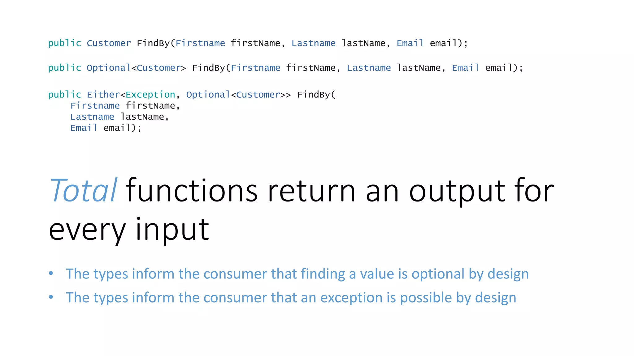 Total functions return an output for
every input
• The types inform the consumer that finding a value is optional by design
• The types inform the consumer that an exception is possible by design
public Optional<Customer> FindBy(Firstname firstName, Lastname lastName, Email email);
public Either<Exception, Optional<Customer>> FindBy(
Firstname firstName,
Lastname lastName,
Email email);
public Customer FindBy(Firstname firstName, Lastname lastName, Email email);
 