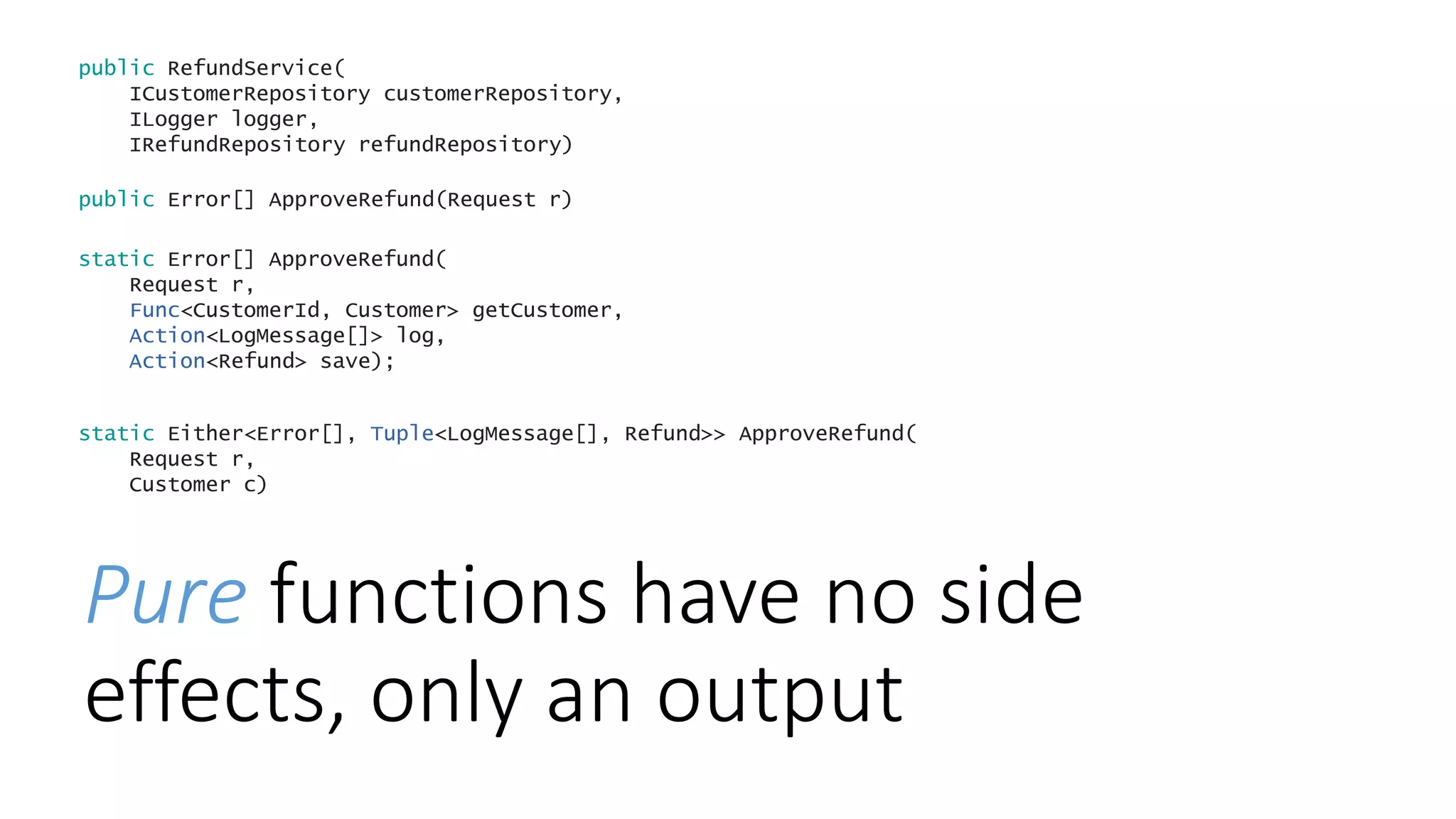 Pure functions have no side
effects, only an output
public RefundService(
ICustomerRepository customerRepository,
ILogger logger,
IRefundRepository refundRepository)
public Error[] ApproveRefund(Request r)
static Error[] ApproveRefund(
Request r,
Func<CustomerId, Customer> getCustomer,
Action<LogMessage[]> log,
Action<Refund> save);
static Either<Error[], Tuple<LogMessage[], Refund>> ApproveRefund(
Request r,
Customer c)
 