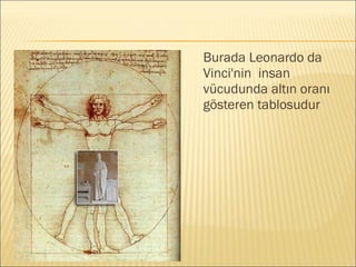 Burada Leonardo da
Vinci'nin insan
vücudunda altın oranı
gösteren tablosudur
 