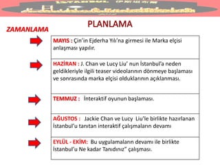 ZAMANLAMA
MAYIS : Çin’in Ejderha Yılı’na girmesi ile Marka elçisi
anlaşması yapılır.
HAZİRAN : J. Chan ve Lucy Liu’ nun İstanbul’a neden
geldikleriyle ilgili teaser videolarının dönmeye başlaması
ve sonrasında marka elçisi olduklarının açıklanması.
TEMMUZ : İnteraktif oyunun başlaması.
AĞUSTOS : Jackie Chan ve Lucy Liu’le birlikte hazırlanan
İstanbul’u tanıtan interaktif çalışmaların devamı
EYLÜL - EKİM: Bu uygulamaların devamı ile birlikte
İstanbul’u Ne kadar Tanıdınız” çalışması.
 