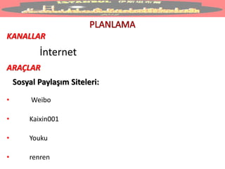 KANALLAR
İnternet
ARAÇLAR
Sosyal Paylaşım Siteleri:
• Weibo
• Kaixin001
• Youku
• renren
 
