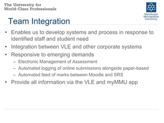 Team Integration
• Enables us to develop systems and process in response to
identified staff and student need
• Integration between VLE and other corporate systems
• Responsive to emerging demands
– Electronic Management of Assessment
– Automated logging of online submissions alongside paper-based
– Automated feed of marks between Moodle and SRS

• Provide all information via the VLE and myMMU app

 