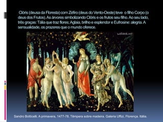  Clóris (deusa da Floresta) com Zéfiro (deus do Vento-Oeste) teve  o filho Corpo (o deus dos Frutos). As árvores simbolizando Clóris e os frutos seu filho. Ao seu lado,  três graças: Tália que traz flores; Aglaia, brilho e esplendor e Eufrosine: alegria. A sensualidade, os prazeres que o mundo oferece.      Sandro Botticelli. A primavera, 1477-78. Têmpera sobre madeira. Galeria Uffizi, Florença. Itália.