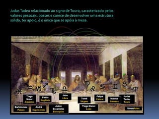 Judas Tadeu relacionado ao signo de Touro, caracterizado pelos valores pessoais, posses e carece de desenvolver uma estrutura sólida, ter apoio, é o único que se apóia à mesa.