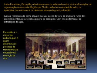 Judas Escariotes, Escorpião, relaciona-se com os valores do outro, da transformação, da regeneração ou da morte. Regido por Plutão. Judas foi o mais leal de todos os apóstolos, quem assume a missão mais penosa do grupo, a traição. Judas é representado como alguém que ver a cena de fora, ao analisar o rumo dos acontecimentos, característica própria de escorpião. Com isso poder traçar as estratégias de ação.Escorpião, é o motor do zodíaco, pois é quem determina os processo de transformação necessários à evolução da vida.