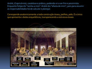 André, (Capricórnio), cauteloso e prático, podendo vir a ser frio e pessimista. Enquanto Felipe diz “venha a mim”. André diz:”afasta de mim”, pois para assumir as responsabilidades há de calcular e planejar. Corresponde anatomicamente a toda construção óssea, joelhos, pele. É o único que apresenta s dedos esqueléticos, transparecendo a estrutura óssea.