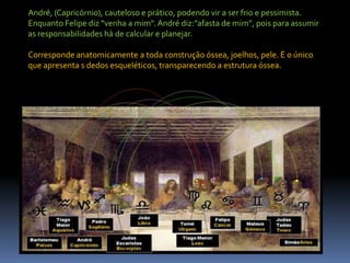 André, (Capricórnio), cauteloso e prático, podendo vir a ser frio e pessimista. Enquanto Felipe diz “venha a mim”. André diz:”afasta de mim”, pois para assumir as responsabilidades há de calcular e planejar. Corresponde anatomicamente a toda construção óssea, joelhos, pele. É o único que apresenta s dedos esqueléticos, transparecendo a estrutura óssea.