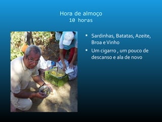 Hora de almoço
10 horas
 Sardinhas, Batatas, Azeite,
Broa eVinho
 Um cigarro , um pouco de
descanso e ala de novo
 
