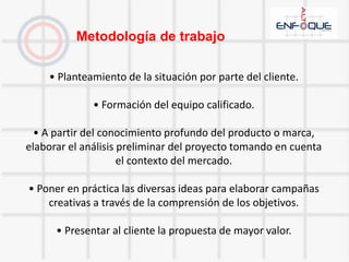 FILOSOFÍANos enfocamos en satisfacer las necesidades de nuestros clientes creando ideas innovadoras y desarrollando campañas creativas que logren generar retorno de la inversión a corto plazo, utilizando herramientas de servicios de alta calidad, tanto en el mercado nacional como internacional, y así apuntar a la excelencia diferenciándonos en el mercado.