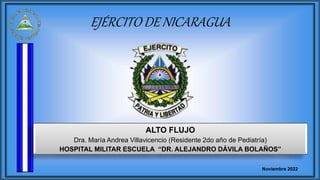 EJÉRCITO DE NICARAGUA
ALTO FLUJO
Dra. María Andrea Villavicencio (Residente 2do año de Pediatría)
HOSPITAL MILITAR ESCUELA “DR. ALEJANDRO DÁVILA BOLAÑOS”
Noviembre 2022
 