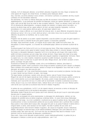 maduva, la 5 cm deasupra altoiului, ca sa fortam plecarea mugurelui de cires. Dupa ce lastarul de 
cires aparut din mugure are citeva frunze, se reteaza portul deasupra altoirii 
Sau, mai bine, se amina altoirea in anul urmator, cind visinul e prins(nu e o pierdere de timp, la pom 
conteaza cit e de dezvoltata radacina) 
De asemenea, nici marul nu trebuie altoit prea sus fata de sol atunci cind se folosesc portaltoi 
vegetativi(pentru ca pe portiunea de portaltoi de deasupra solului vor aparea formatiuni cu aspect de 
buba, care sint de fapt locuri de unde ar vrea sa apara radacini). Totusi, eu altoiesc marul cam la 20- 
25 cm distanta de radacina(pentru a asigura energie de crestere ) si ingrop pomul mai adinc, cu 
punctul de altoire linga sol( vor apare radacini din port, pe toata lungimea ingropata). La fel se 
procedeaza si in cazul parului altoit pe gutui, din gutui apar radacini usor. 
Pe internet, cineva a afirmat ca in cazul altoirii de cires pe visin, nu apar diferente de grosime daca se 
altoieste pe ramuri. Am si eu un visin altoit pe ramuri, e de virsta mica, inca nu pot sa ma pronunt, 
diferenta de grosime se manifesta, dar nu e prea mare. 
Altoirea 
Pregatim rola de plastic ca sa avem capatul disponibil( e asa de subtire ca e greu de gasit capatul si 
nu trebuie sa stam cu taiturile facute pina gasim capatul ) si executam operatiile: 
Se alege, dupa examinare vizuala, un mugure de pe nuiaua altoi, astfel incit sa fie intact. Se 
decupeaza cu lama mugurele, cu o bucata de scoarta(decupajul obtinut se numeste scutisor-de la 
scut). 
Scutisorul poate fi de 2 pîna la 4-5 cm.( cu cit mai lung-mai bine). Chiar daca lungimea scutisorului 
este mica din cauza ca am gresit la taiere il putem folosi (daca sintem in criza de altoaie)- se prinde. 
Se incepe cu decupatul deasupra mugurelui la 0,5 cm si se taie pe sub mugur intre coaja si lemn, 
astfel incit lama sa alunece pe sub coaja, fara să taie din lemn. Dupa taiere este ideal să se vada 
partea lucioasă de sub coaja (stratul de celule care asigură creşterea si regenerarea lemnului). Daca 
nu apare luciu, nu e vina noastra, inseamna ca pomul a suferit de lipsuri, se prinde si asa. 
Nu conteaza daca s-a taiat sau nu putin lemn din altoi. Merge oricum, dar ne ferim sa taiem si lemn 
pentru ca merge mai greu lama. 
Scutisorul se aseaza pe o suprafaţa curata, să nu se murdăreasca taietura, pina taiem si 
portaltoiul(daca putem, tinem scutisorul in mina stinga iar taierea scoartei pe port o facem cu dreapta). 
Daca culoarea sub scoarta este maronie, lastarul a inceput sa se degradeze sau a fost lovit in zona – 
decupam alt mugure sau alta zona din port. 
Cu cit ne apropiem de 1 mai, acest fenomen(culoarea maronie sub scoarta) se observa mai des -daca 
nu avem lastari mai buni folosim ce avem, mai merge. 
Tot dupa taierea scutisorului, cautam urme ale unui vierme care ar fi putut minca mugurele. 
Mugurii de cais sint de regula asezati pe niste umflaturi, scutisorul se taie mai greu pentru ca lama va 
intra in lemn-atentie sa nu va taiati degetele. De aceea, putem incepe decuparea scutisorului 
invers(de jos in sus-la fel si la nuc). In unele carti se recomanda ca taierea scutisorului sa se faca 
mereu de jos in sus, eu m-am obisnuit invers, trebuie facut cum ni se pare mai usor. Motivul pentru 
care tai de sus in jos este ca scutisorul iese mai lat in dreptul mugurelui. 
In partea de sus a portaltoiului, la 0,5-1 cm de capatul retezat, se executa cu lama un decupaj de 
coaja, pe cit posibil la fel cu cel rezultat la decuparea scutisorului. 
Decuparea poate fi facuta de sus in jos(eu asa m-am obisnuit) sau de jos in sus-in cazul asta putem 
decupa pina in capatul portului. 
In caz că nu se reuşeşte din prima asemanarea cu decupajul din altoi(lungime, latime), se mai 
ciopleşte din portaltoi pina se obtine lungimea si latimea dorita . In cazul cind a doua tăietura(pe 
portaltoi) e mai lunga , nu e nici o problemă, scutisorul se va aşeza in partea de jos, fara spatiu intre 
scoarta portului si cea a scutisorului(in partea de sus va putea ramane deci o portiune fara s coarta) 
Daca portul e mai subtire decit nuiaua altoi, decupajul din port nu va putea fi realizat in latime dintr -o 
singura taiere cu lama, este necesar sa mai cioplim, mai ales in partea de sus -unde va fi 
mugurele(scutisorul este mai lat in dreptul mugurelui, din cauza ca mugurele sta pe o ridicatura). 
(Repet, decupajul se executa dupa ce am retezat portaltoiul deasupra unei zone alese de noi cu 
scoarta curata, fara spini sau rani. Va fi mult mai usor de infasurat folia decit la metoda in ochi 
dormind cind ne incurca partea de deasupra a portaltoiului.) 
Daca vrem, dupa ce am decupat scoarta portului, putem realiza(suplimentar) in partea de jos a 
decupajului o taietura cu lama pe sub coaja portaltoiului, cam 1 cm. 
 