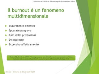 Il burnout è un fenomeno
multidimensionale
 Esaurimento emotivo
 Spossatezza grave
 Calo delle prestazioni
 Disinteresse
 Eccessivo affaticamento
Raedek TD, Smith AL (2004). “Coping resources and athlete burnout: an examination of stress
mediated and moderation hypothesis” Journal of Sport & Exercise Psychology n° 26
ISACSI - Istituto di Studi dell’ACSI
Condizioni del rischio di burnout negli atleti di elevato livello
 