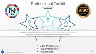 www.institutoneuroart.org
PNL DISC
Professional Toolkit
5
Cursos Certificados
Acreditaciones y Ttulaciones del Instituto Neuroart en colaboración con instituciones reconocidas
en el ámbito del coaching/consultoría empresarial y el desarrollo profesional
 DISC Practitioner
 PNL Practitioner
 PNL Master
 