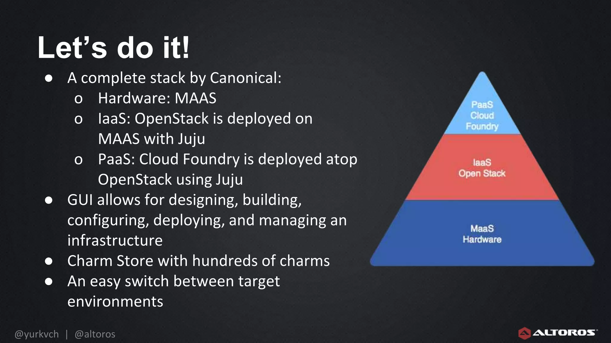 @yurkvch | @altoros
● A complete stack by Canonical:
o Hardware: MAAS
o IaaS: OpenStack is deployed on
MAAS with Juju
o PaaS: Cloud Foundry is deployed atop
OpenStack using Juju
● GUI allows for designing, building,
configuring, deploying, and managing an
infrastructure
● Charm Store with hundreds of charms
● An easy switch between target
environments
Let’s do it!
 