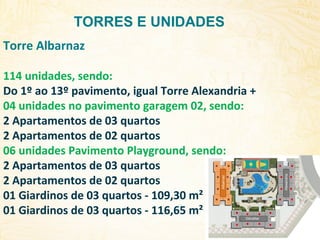 TORRES E UNIDADES

Albarnaz

114 unidades, sendo:
Do 1º ao 13º pavimento, igual Torre Alexandria +
04 unidades no pavimento garagem 02, sendo:
2 Apartamentos de 03 quartos
2 Apartamentos de 02 quartos
06 unidades Pavimento Playground, sendo:
2 Apartamentos de 03 quartos
2 Apartamentos de 02 quartos
01 Giardinos de 03 quartos - 109,30 m²
01 Giardinos de 03 quartos - 116,65 m²

Gibraltar

Alexandria

Torre Albarnaz

 