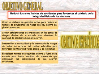 Reducir los altos índices de accidentes para favorecer el cuidado de la
integridad física de los alumnos.
Crear un sistema de guardias activo para reducir el
número de situaciones de riesgo que hay dentro del
plantel educativo.
Situar señalamientos de prevención en las zonas de
riesgos dentro de la escuela para disminuir la
cantidad de accidentes que ahí ocurren.
Desarrollar el autocuidado y la prevención de riesgos
de todos los actores del centro educativo para
favorecer la integridad física propia y de los demás.
Establecer normas de seguridad dentro y fuera de la
escuela para tomar medidas de prevención que
disminuyan las posibilidades de que ocurran
accidentes.
 