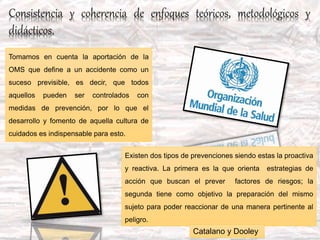 Tomamos en cuenta la aportación de la
OMS que define a un accidente como un
suceso previsible, es decir, que todos
aquellos pueden ser controlados con
medidas de prevención, por lo que el
desarrollo y fomento de aquella cultura de
cuidados es indispensable para esto.
Existen dos tipos de prevenciones siendo estas la proactiva
y reactiva. La primera es la que orienta estrategias de
acción que buscan el prever factores de riesgos; la
segunda tiene como objetivo la preparación del mismo
sujeto para poder reaccionar de una manera pertinente al
peligro.
Catalano y Dooley
 