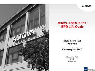 Altova Tools in the IEPD Life Cycle NIEM Town Hall  Keynote February 18, 2010 Alexander FalkCEOAltova, Inc. 