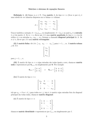 Matrizes e sistemas de equações lineares
De…nição 1. (i) Sejam m; n 2 N. Uma matriz A, do tipo m n (lê-se m por n), é
uma tabela de mn números dispostos em m linhas e n colunas:
A =
2
6
6
6
4
a11 a12 a1n
a21 a22 a2n
...
...
...
am1 am2 amn
3
7
7
7
5
:
Usa-se também a notação A = (aij)m n ou simplesmente A = (aij), na qual aij é a entrada
(i; j) da matriz A. Se m = n, diz-se que A é uma matriz quadrada do tipo n n (ou de
ordem n) e as entradas a11; a22; :::; ann formam a chamada diagonal principal de A. Se
m 6= n, diz-se que A é uma matriz rectangular.
(ii) A matriz linha i de A é: ai1 ai2 ain , para i = 1; :::; m. A matriz coluna
j de A é: 2
6
6
6
4
a1j
a2j
...
amj
3
7
7
7
5
para j = 1; :::; n.
(iii) À matriz do tipo m n cujas entradas são todas iguais a zero, chama-se matriz
nula e representa-se por 0m n ou simplesmente por 0. Por exemplo
02 2 =
0 0
0 0
e 02 3 =
0 0 0
0 0 0
.
(iv) À matriz do tipo n n
2
6
6
6
4
a11 0 0
0 a22 0
...
...
...
0 0 ann
3
7
7
7
5
tal que aij = 0 se i 6= j para todos os i; j, isto é, à matriz cujas entradas fora da diagonal
principal são todas nulas, chama-se matriz diagonal.
(v) À matriz do tipo n n 2
6
6
6
4
1 0 0
0 1 0
...
...
...
0 0 1
3
7
7
7
5
,
chama-se matriz identidade e representa-se por In n ou simplesmente por I.
3
 