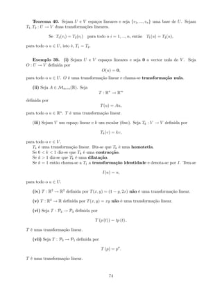 Teorema 40. Sejam U e V espaços lineares e seja fv1; :::; vng uma base de U. Sejam
T1; T2 : U ! V duas transformações lineares.
Se T1(vi) = T2(vi) para todo o i = 1; :::; n, então T1(u) = T2(u),
para todo o u 2 U, isto é, T1 = T2.
Exemplo 39. (i) Sejam U e V espaços lineares e seja 0 o vector nulo de V . Seja
O : U ! V de…nida por
O(u) = 0,
para todo o u 2 U. O é uma transformação linear e chama-se transformação nula.
(ii) Seja A 2 Mm n(R). Seja
T : Rn
! Rm
de…nida por
T(u) = Au,
para todo o u 2 Rn
. T é uma transformação linear.
(iii) Sejam V um espaço linear e k um escalar (…xo). Seja Tk : V ! V de…nida por
Tk(v) = kv;
para todo o v 2 V .
Tk é uma transformação linear. Diz-se que Tk é uma homotetia.
Se 0 < k < 1 diz-se que Tk é uma contracção.
Se k > 1 diz-se que Tk é uma dilatação.
Se k = 1 então chama-se a T1 a transformação identidade e denota-se por I. Tem-se
I(u) = u;
para todo o u 2 U.
(iv) T : R2
! R2
de…nida por T(x; y) = (1 y; 2x) não é uma transformação linear.
(v) T : R2
! R de…nida por T(x; y) = xy não é uma transformação linear.
(vi) Seja T : P2 ! P3 de…nida por
T (p (t)) = tp (t) :
T é uma transformação linear.
(vii) Seja T : P3 ! P1 de…nida por
T (p) = p00
:
T é uma transformação linear.
74
 