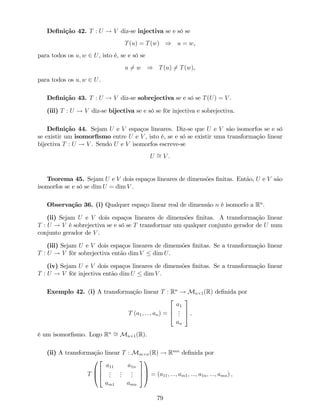 De…nição 42. T : U ! V diz-se injectiva se e só se
T(u) = T(w) ) u = w,
para todos os u; w 2 U, isto é, se e só se
u 6= w ) T(u) 6= T(w),
para todos os u; w 2 U.
De…nição 43. T : U ! V diz-se sobrejectiva se e só se T(U) = V .
(iii) T : U ! V diz-se bijectiva se e só se fôr injectiva e sobrejectiva.
De…nição 44. Sejam U e V espaços lineares. Diz-se que U e V são isomorfos se e só
se existir um isomor…smo entre U e V , isto é, se e só se existir uma transformação linear
bijectiva T : U ! V . Sendo U e V isomorfos escreve-se
U = V .
Teorema 45. Sejam U e V dois espaços lineares de dimensões …nitas. Então, U e V são
isomorfos se e só se dim U = dim V .
Observação 36. (i) Qualquer espaço linear real de dimensão n é isomorfo a Rn
.
(ii) Sejam U e V dois espaços lineares de dimensões …nitas. A transformação linear
T : U ! V é sobrejectiva se e só se T transformar um qualquer conjunto gerador de U num
conjunto gerador de V .
(iii) Sejam U e V dois espaços lineares de dimensões …nitas. Se a transformação linear
T : U ! V fôr sobrejectiva então dim V dim U.
(iv) Sejam U e V dois espaços lineares de dimensões …nitas. Se a transformação linear
T : U ! V fôr injectiva então dim U dim V .
Exemplo 42. (i) A transformação linear T : Rn
! Mn 1(R) de…nida por
T (a1; :::; an) =
2
6
4
a1
...
an
3
7
5 ;
é um isomor…smo. Logo Rn
= Mn 1(R).
(ii) A transformação linear T : Mm n(R) ! Rmn
de…nida por
T
0
B
@
2
6
4
a11 a1n
...
...
...
am1 amn
3
7
5
1
C
A = (a11; :::; am1; :::; a1n; :::; amn) ;
79
 