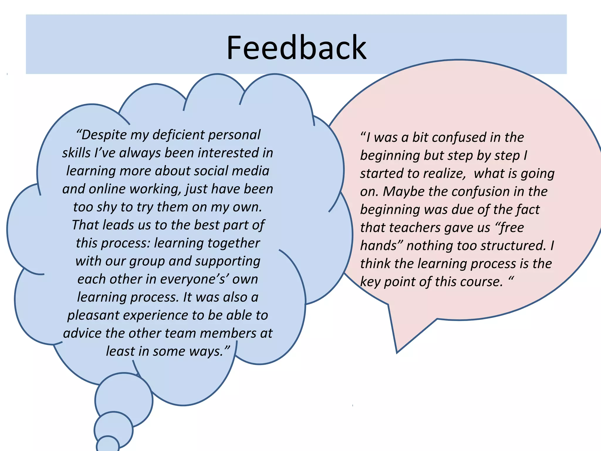 Feedback

   “Despite my deficient personal       “I was a bit confused in the
skills I’ve always been interested in   beginning but step by step I
 learning more about social media       started to realize, what is going
and online working, just have been      on. Maybe the confusion in the
  too shy to try them on my own.        beginning was due of the fact
  That leads us to the best part of     that teachers gave us “free
   this process: learning together      hands” nothing too structured. I
   with our group and supporting        think the learning process is the
   each other in everyone’s’ own        key point of this course. “
   learning process. It was also a
 pleasant experience to be able to
advice the other team members at
          least in some ways.”
 