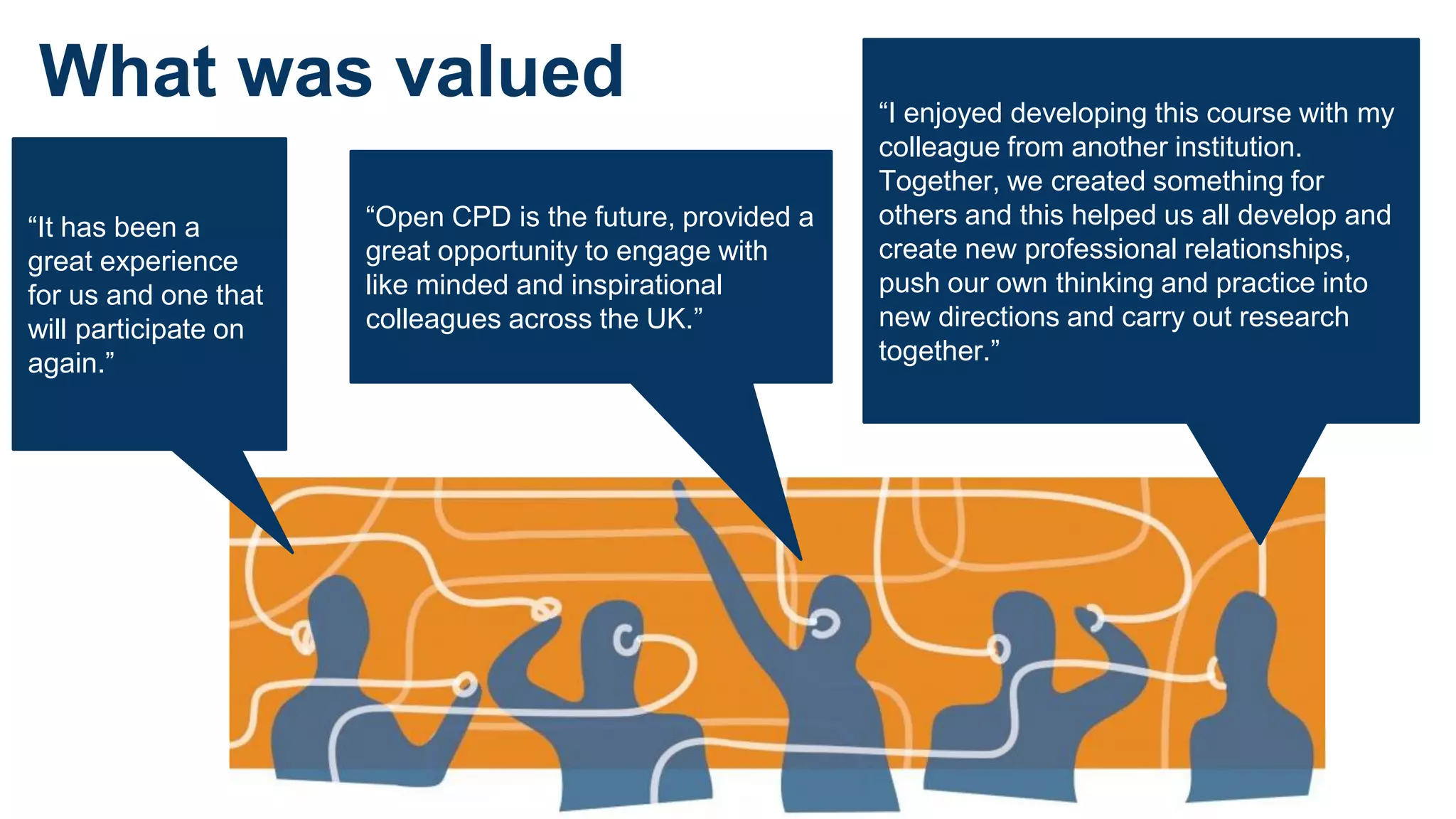 What was valued
“It has been a
great experience
for us and one that
will participate on
again.”
“Open CPD is the future, provided a
great opportunity to engage with
like minded and inspirational
colleagues across the UK.”
“I enjoyed developing this course with my
colleague from another institution.
Together, we created something for
others and this helped us all develop and
create new professional relationships,
push our own thinking and practice into
new directions and carry out research
together.”
 