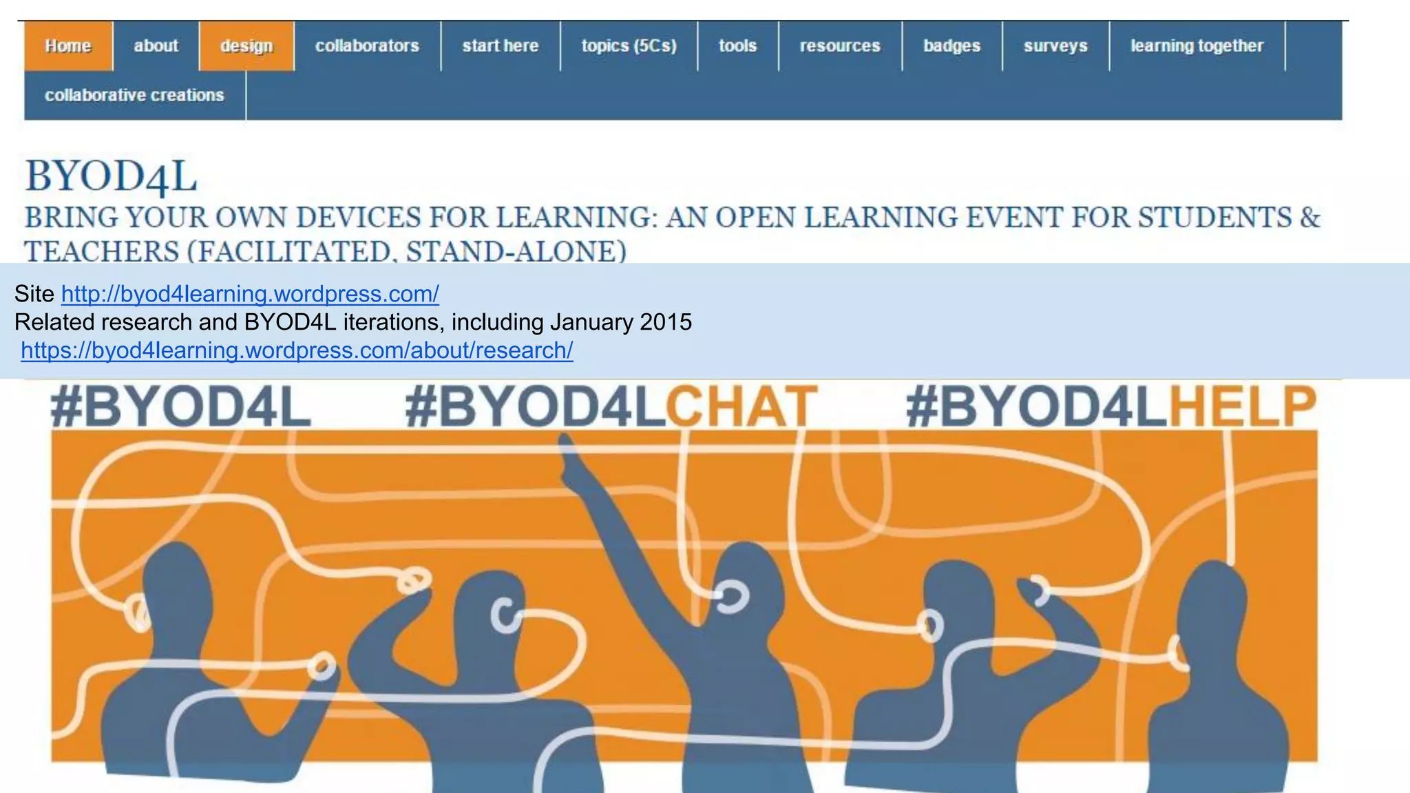 BYOD4L the open event
add existing bits
Site http://byod4learning.wordpress.com/
Related research and BYOD4L iterations, including January 2015
https://byod4learning.wordpress.com/about/research/
 
