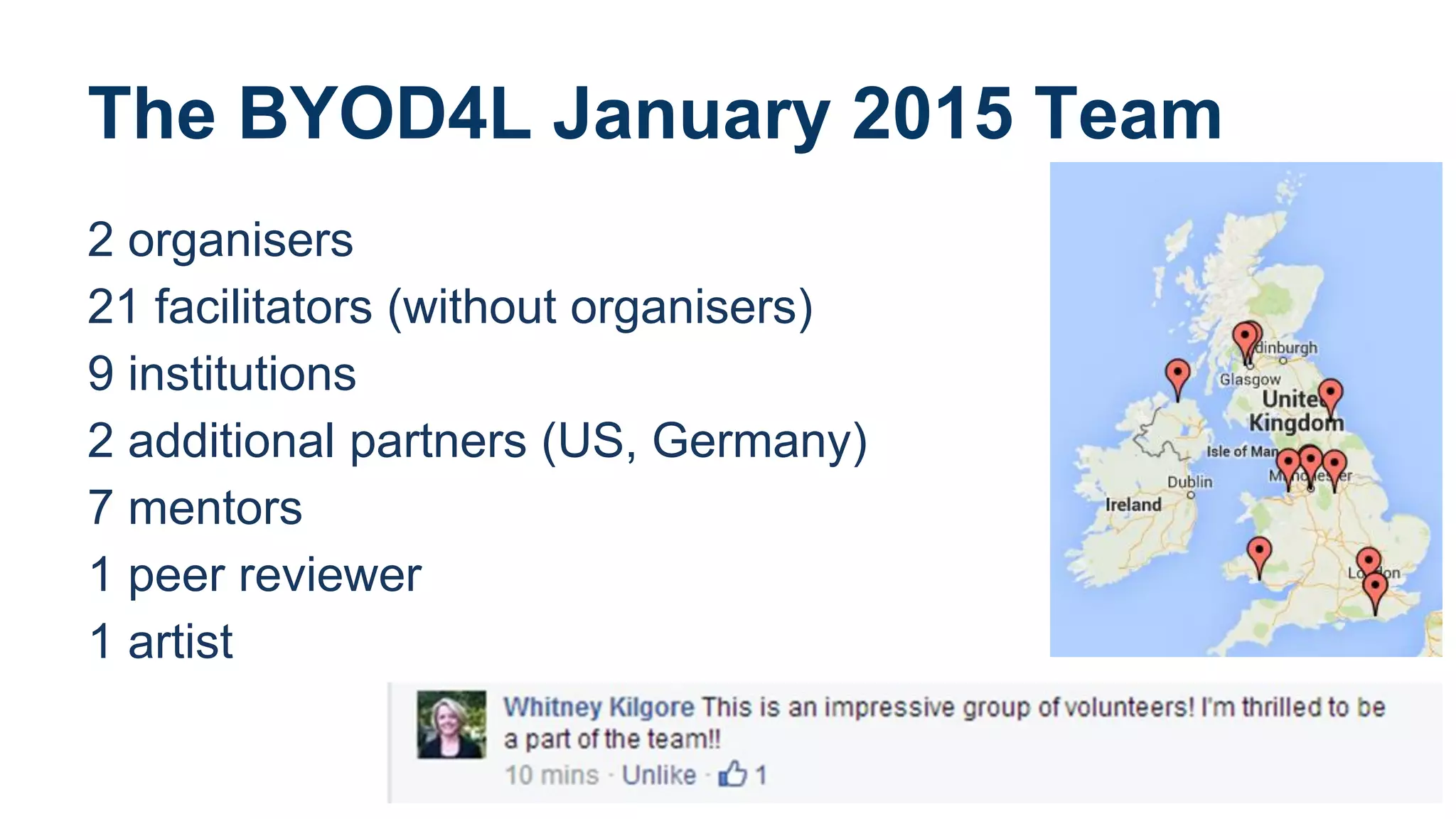 The BYOD4L January 2015 Team
2 organisers
21 facilitators (without organisers)
9 institutions
2 additional partners (US, Germany)
7 mentors
1 peer reviewer
1 artist
 