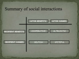 RECIPIENT BENEFITS
RECIPIENT HARMED
ACTOR BENEFITS ACTOR HARMED
COOPERATIVE ALTRUISTIC
SELFISH SPITEFUL
 