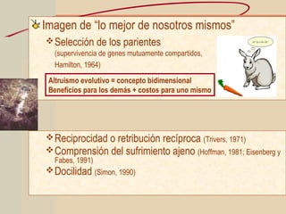 Imagen de “lo mejor de nosotros mismos”
Selección de los parientes
(supervivencia de genes mutuamente compartidos,
Hamilton, 1964)
Reciprocidad o retribución recíproca (Trivers, 1971)
Comprensión del sufrimiento ajeno (Hoffman, 1981; Eisenberg y
Fabes, 1991)
Docilidad (Simon, 1990)
Altruismo evolutivo = concepto bidimensional
Beneficios para los demás + costos para uno mismo
 