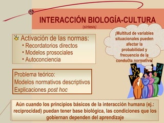 INTERACCIÓN BIOLOGÍA-CULTURA
(síntesis)
¡Multitud de variables
situacionales pueden
afectar la
probabilidad y
frecuencia de la
conducta normativa!
Activación de las normas:
• Recordatorios directos
• Modelos prosociales
• Autoconciencia
Problema teórico:
Modelos normativos descriptivos
Explicaciones post hoc
Aún cuando los principios básicos de la interacción humana (ej.:
reciprocidad) puedan tener base biológica, las condiciones que los
gobiernan dependen del aprendizaje
 