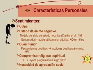 Características Personales
Sentimientos:
Culpa
Estado de ánimo negativo
Modelo de alivio de estado negativo (Cialdini et al., 1981)
Generosidad = autogratificante en adultos. NO en niños
Buen humor
Pensamientos positivos  acciones positivas (Berkowitz,
1987)
Compromiso religioso-espiritual
 > ayuda programada a largo plazo
Necesidad de aprobación social
 