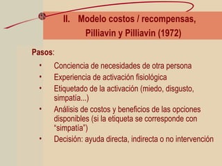 Pasos:
• Conciencia de necesidades de otra persona
• Experiencia de activación fisiológica
• Etiquetado de la activación (miedo, disgusto,
simpatía...)
• Análisis de costos y beneficios de las opciones
disponibles (si la etiqueta se corresponde con
“simpatía”)
• Decisión: ayuda directa, indirecta o no intervención
II. Modelo costos / recompensas,
Pilliavin y Pilliavin (1972)
 